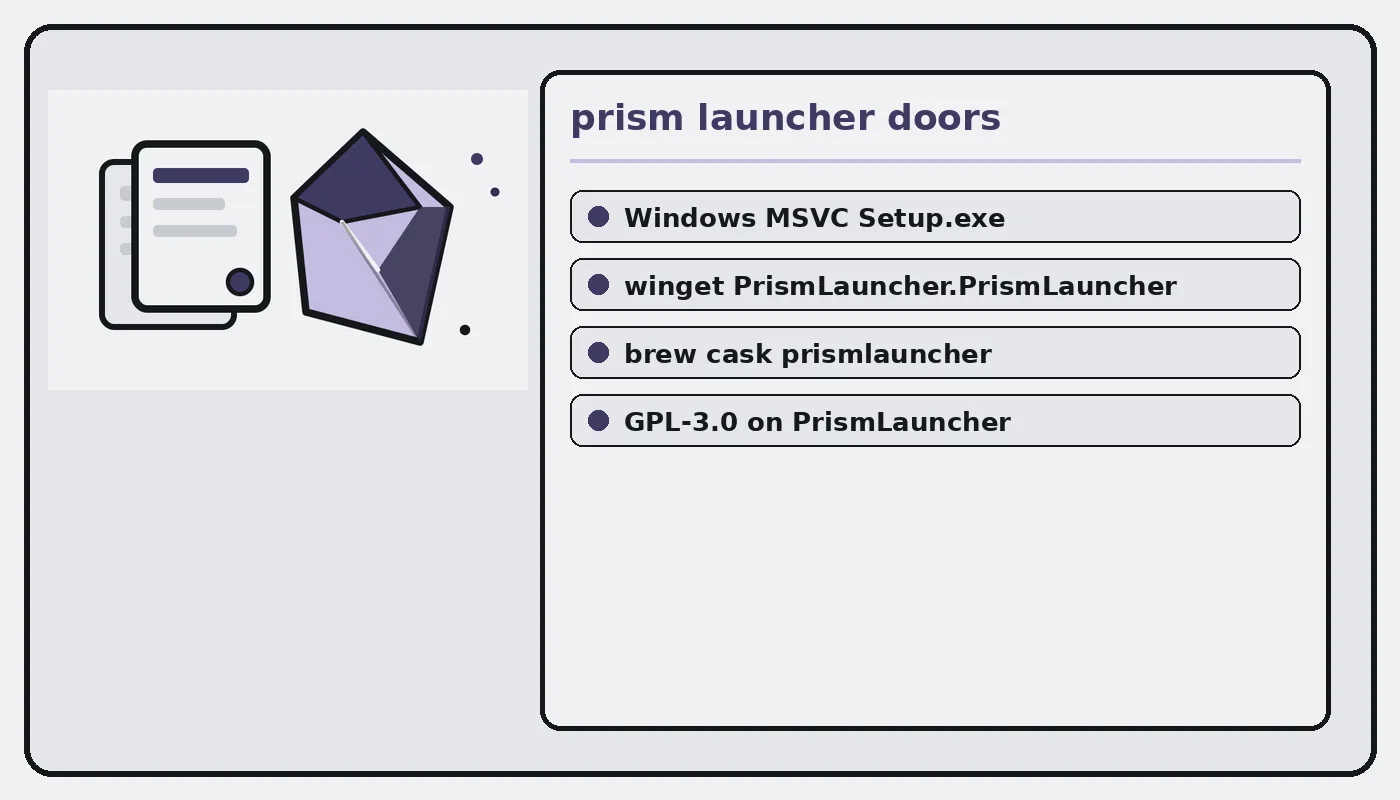 Crystal-shard and instance-tile panel listing Windows MSVC Setup.exe, winget, Homebrew cask, and GPL-3.0 licence doors.